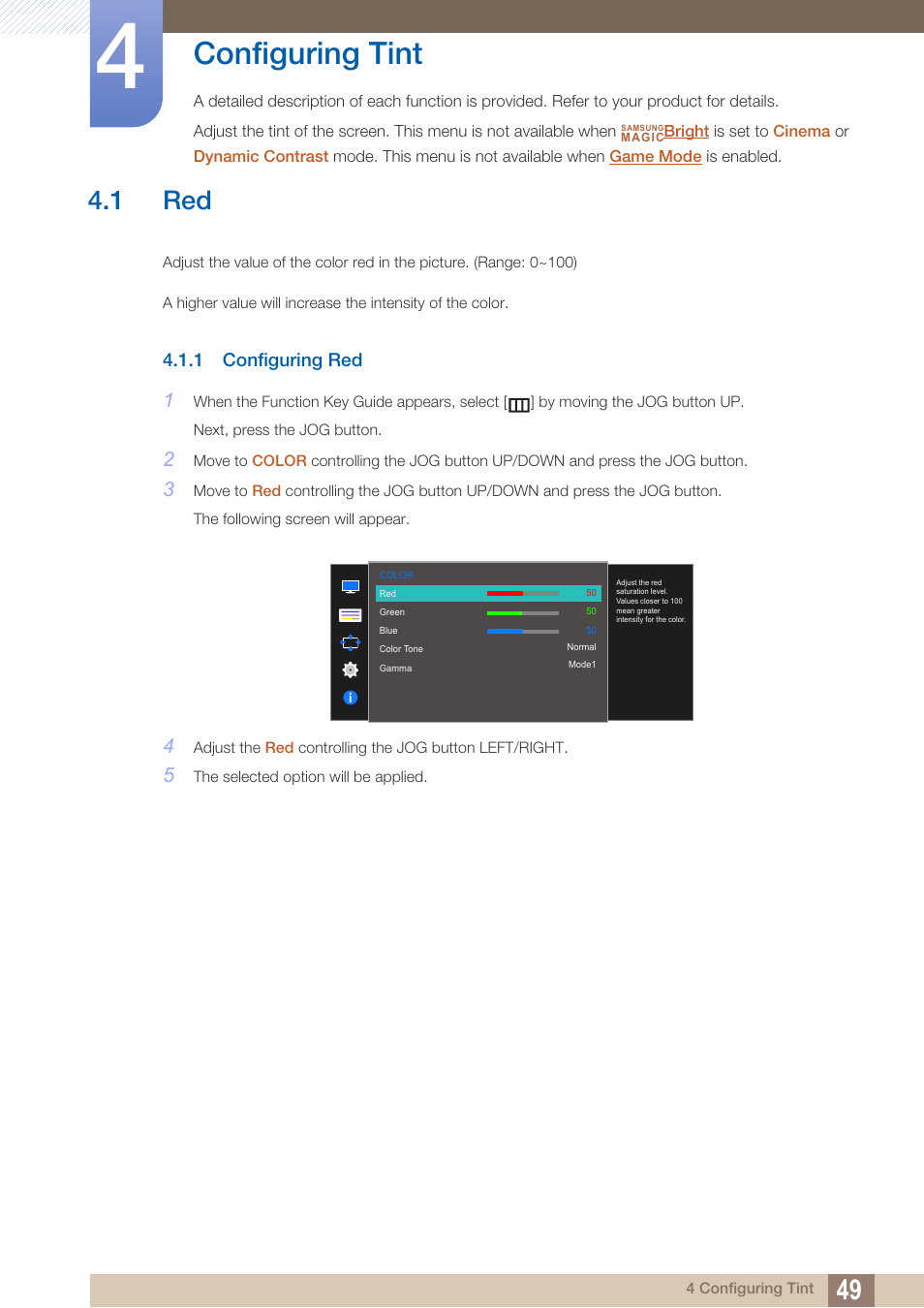 Configuring tint, 1 red, 1 configuring red | Configuring red | Samsung LS27D590PS-ZA User Manual | Page 49 / 92