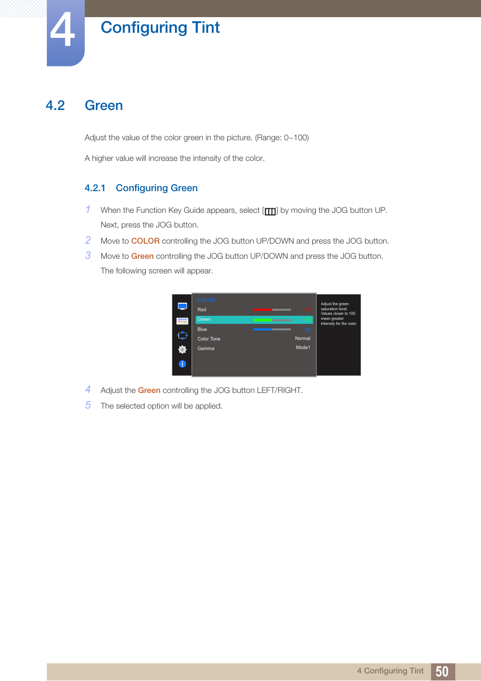 2 green, 1 configuring green, Green | Configuring green, Configuring tint | Samsung LS27D590PS-ZA User Manual | Page 50 / 92