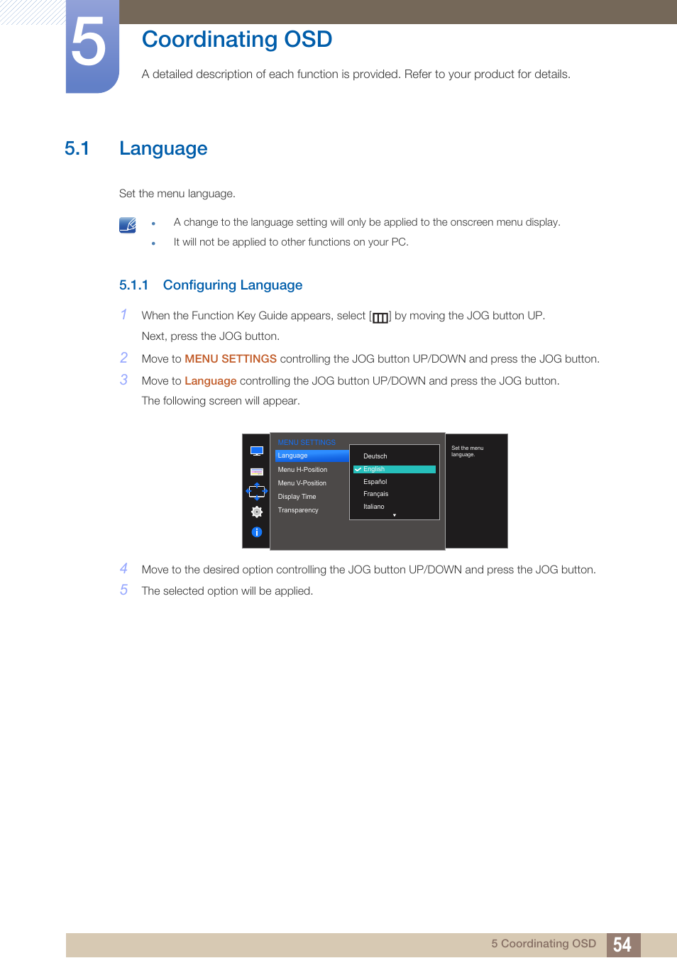 Coordinating osd, 1 language, 1 configuring language | Language, Configuring language | Samsung LS27D590PS-ZA User Manual | Page 54 / 92