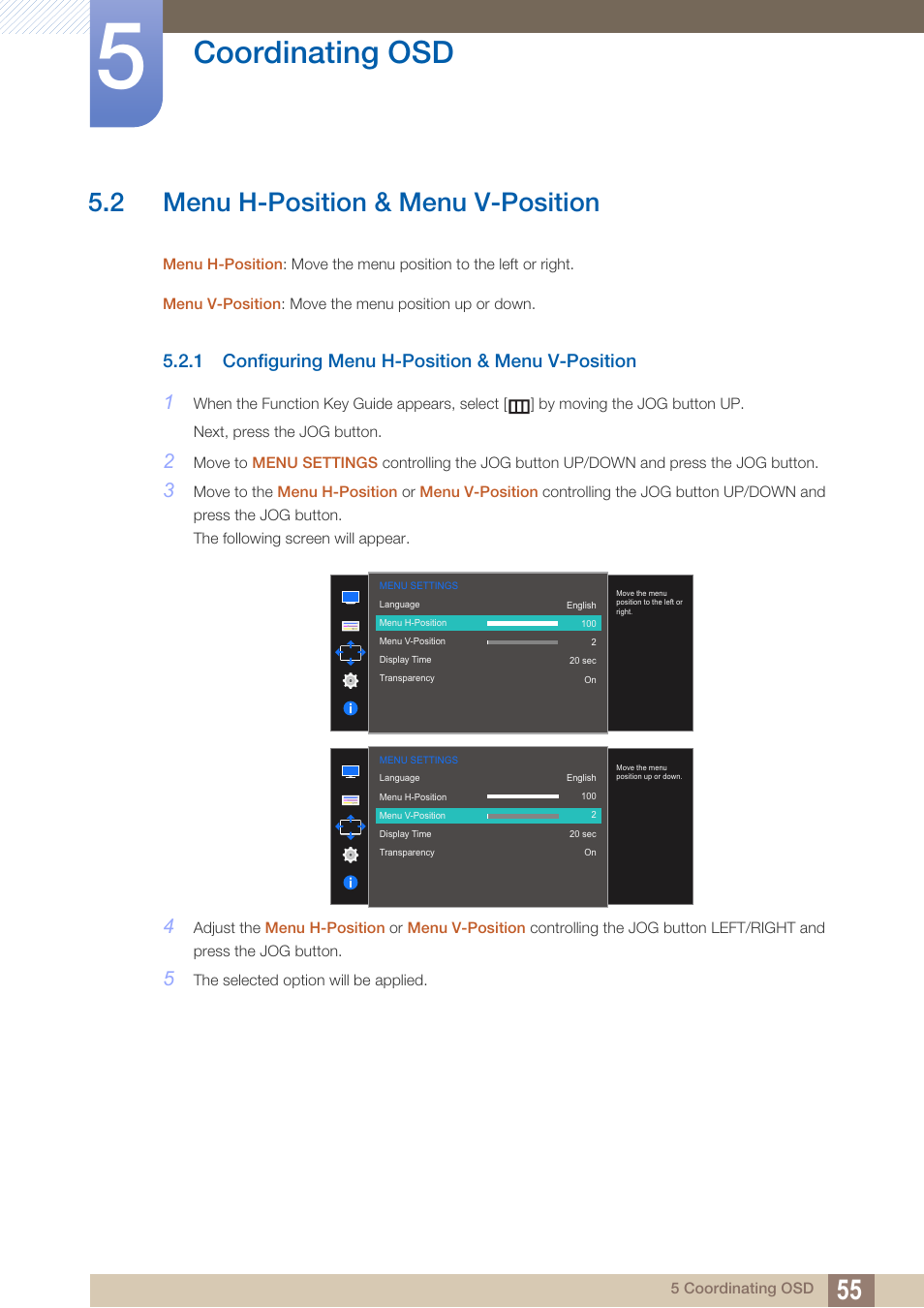 2 menu h-position & menu v-position, 1 configuring menu h-position & menu v-position, Menu h-position & menu v-position | Configuring menu h-position & menu v- position, Coordinating osd | Samsung LS27D590PS-ZA User Manual | Page 55 / 92