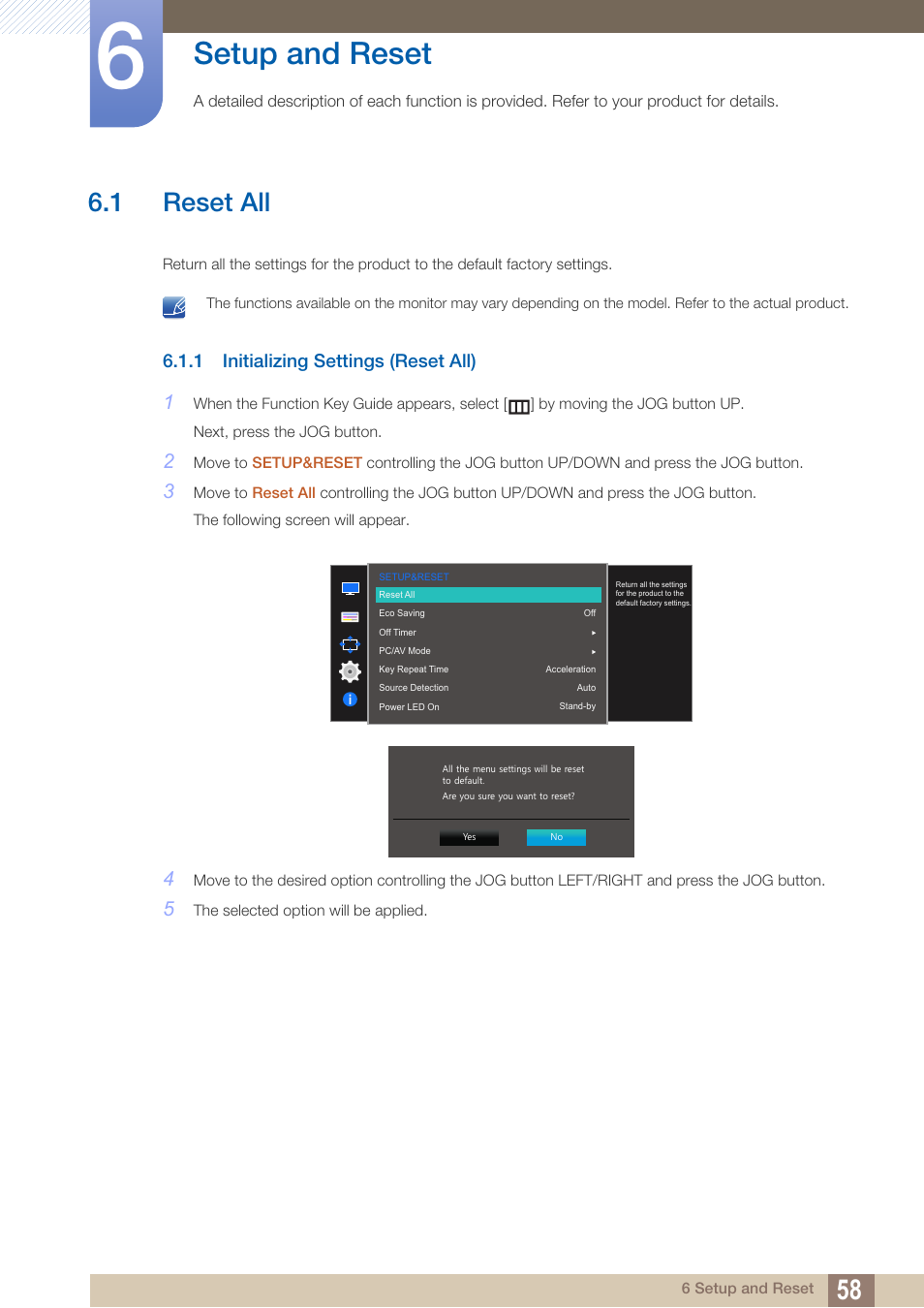 Setup and reset, 1 reset all, 1 initializing settings (reset all) | Reset all, Initializing settings (reset all) | Samsung LS27D590PS-ZA User Manual | Page 58 / 92