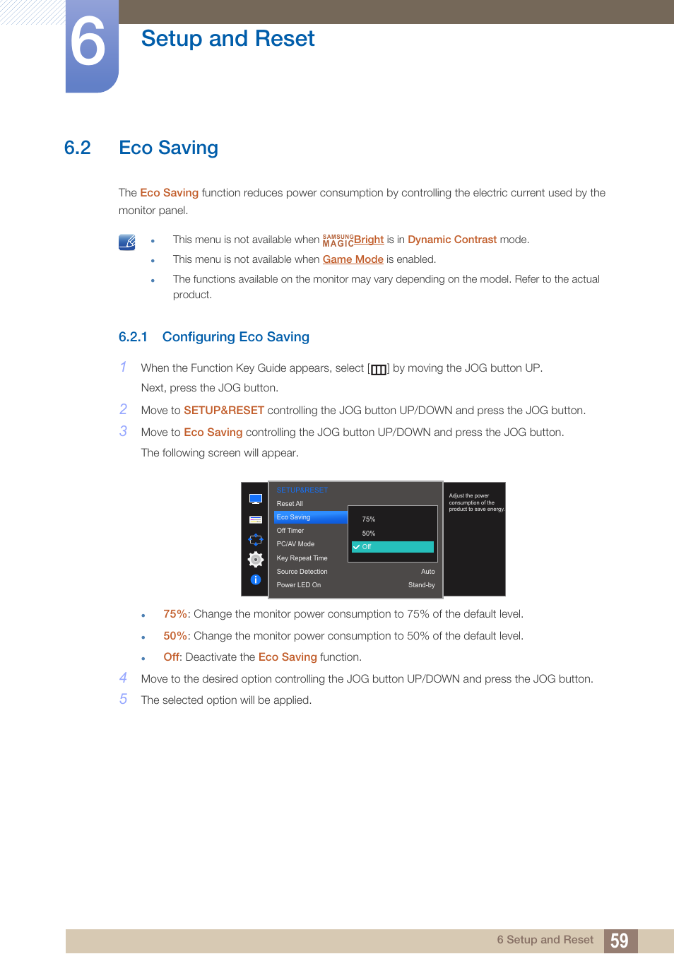 2 eco saving, 1 configuring eco saving, Eco saving | Configuring eco saving, Setup and reset | Samsung LS27D590PS-ZA User Manual | Page 59 / 92