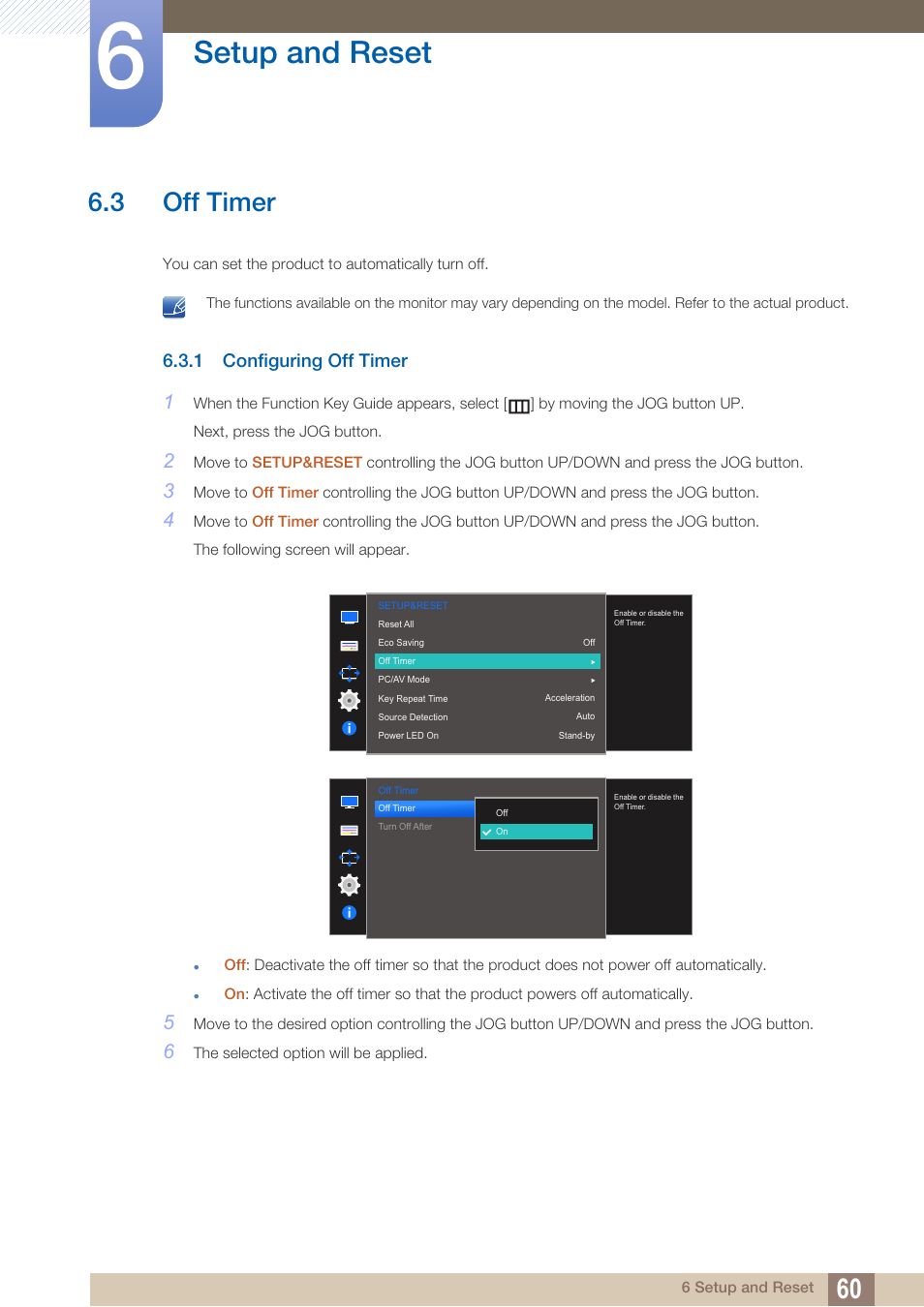 3 off timer, 1 configuring off timer, Off timer | Configuring off timer, Setup and reset | Samsung LS27D590PS-ZA User Manual | Page 60 / 92