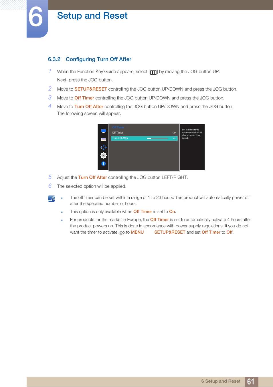 2 configuring turn off after, Configuring turn off after, Setup and reset | Samsung LS27D590PS-ZA User Manual | Page 61 / 92