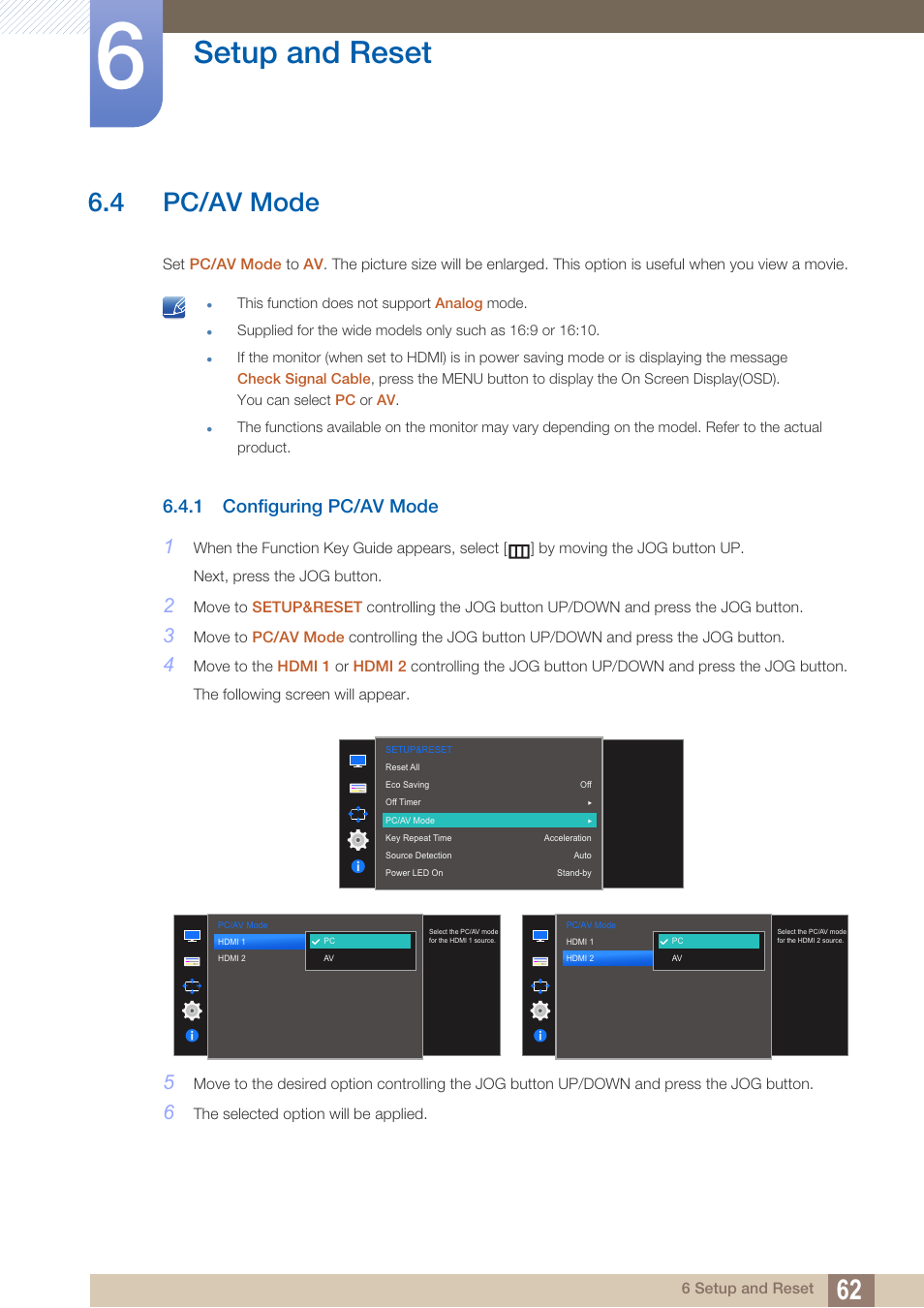 4 pc/av mode, 1 configuring pc/av mode, Pc/av mode | Configuring pc/av mode, Is set to, Setup and reset | Samsung LS27D590PS-ZA User Manual | Page 62 / 92