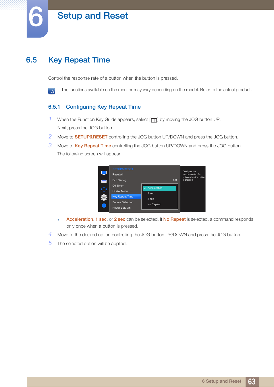 5 key repeat time, 1 configuring key repeat time, Key repeat time | Configuring key repeat time, Setup and reset | Samsung LS27D590PS-ZA User Manual | Page 63 / 92