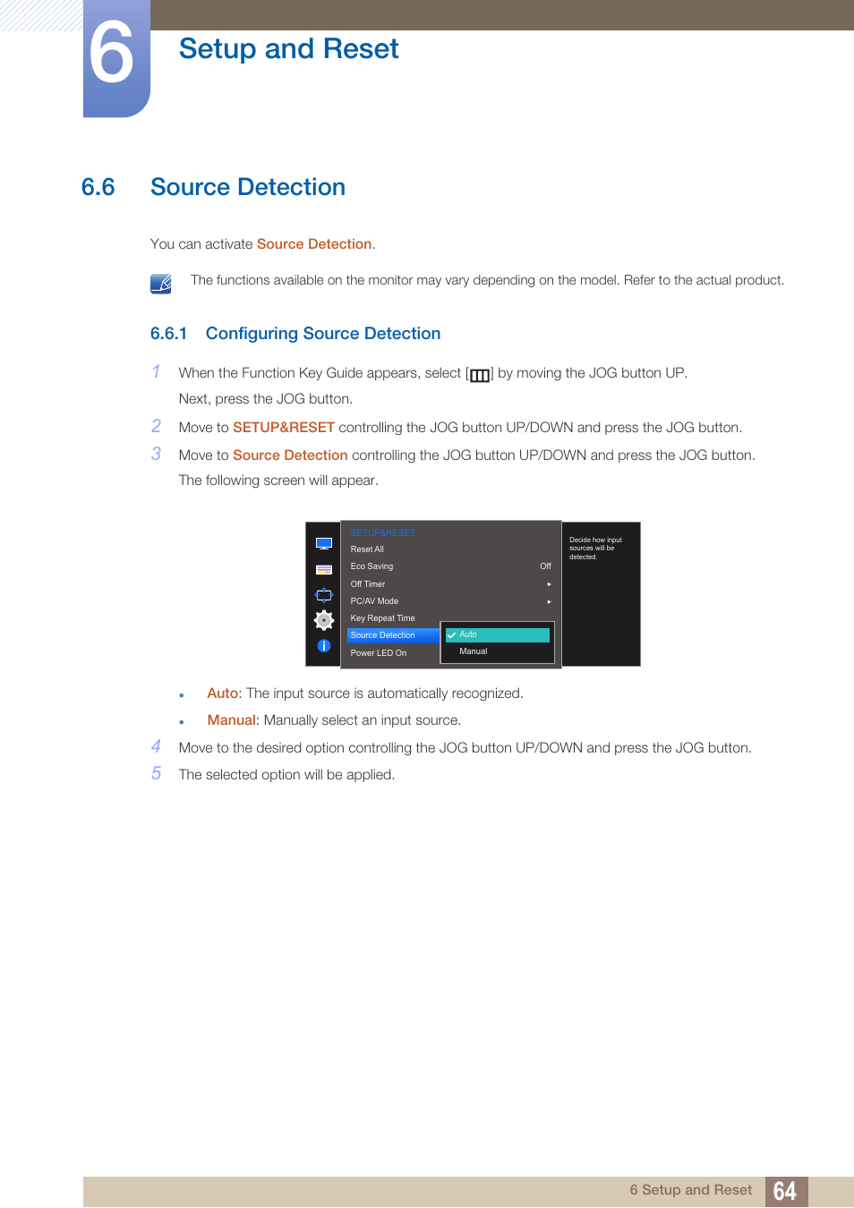 6 source detection, 1 configuring source detection, Source detection | Configuring source detection, Setup and reset | Samsung LS27D590PS-ZA User Manual | Page 64 / 92