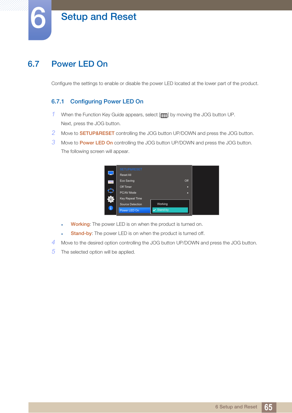 7 power led on, 1 configuring power led on, Power led on | Configuring power led on, Setup and reset | Samsung LS27D590PS-ZA User Manual | Page 65 / 92