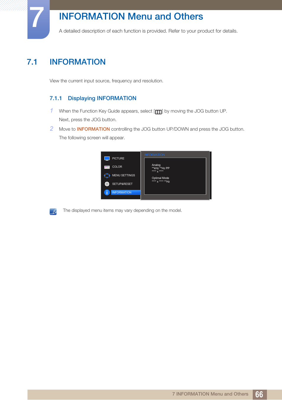 Information menu and others, 1 information, 1 displaying information | Information menu and, Others, Information, Displaying information | Samsung LS27D590PS-ZA User Manual | Page 66 / 92