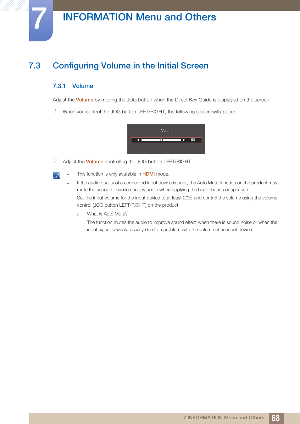 3 configuring volume in the initial screen, 1 volume, Configuring volume in the initial screen | Volume, Information menu and others | Samsung LS27D590PS-ZA User Manual | Page 68 / 92