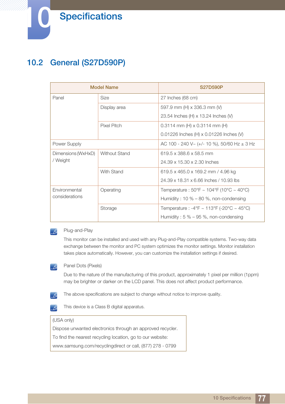 2 general (s27d590p), General (s27d590p), Specifications | Samsung LS27D590PS-ZA User Manual | Page 77 / 92