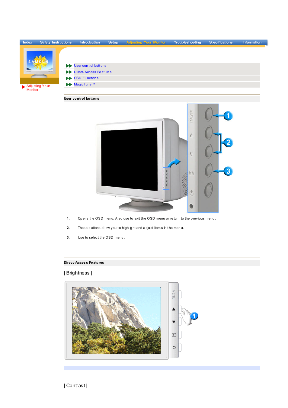 Adjusting your monitor, Brightness, Contrast | Samsung LB17KSBB User Manual | Page 23 / 85