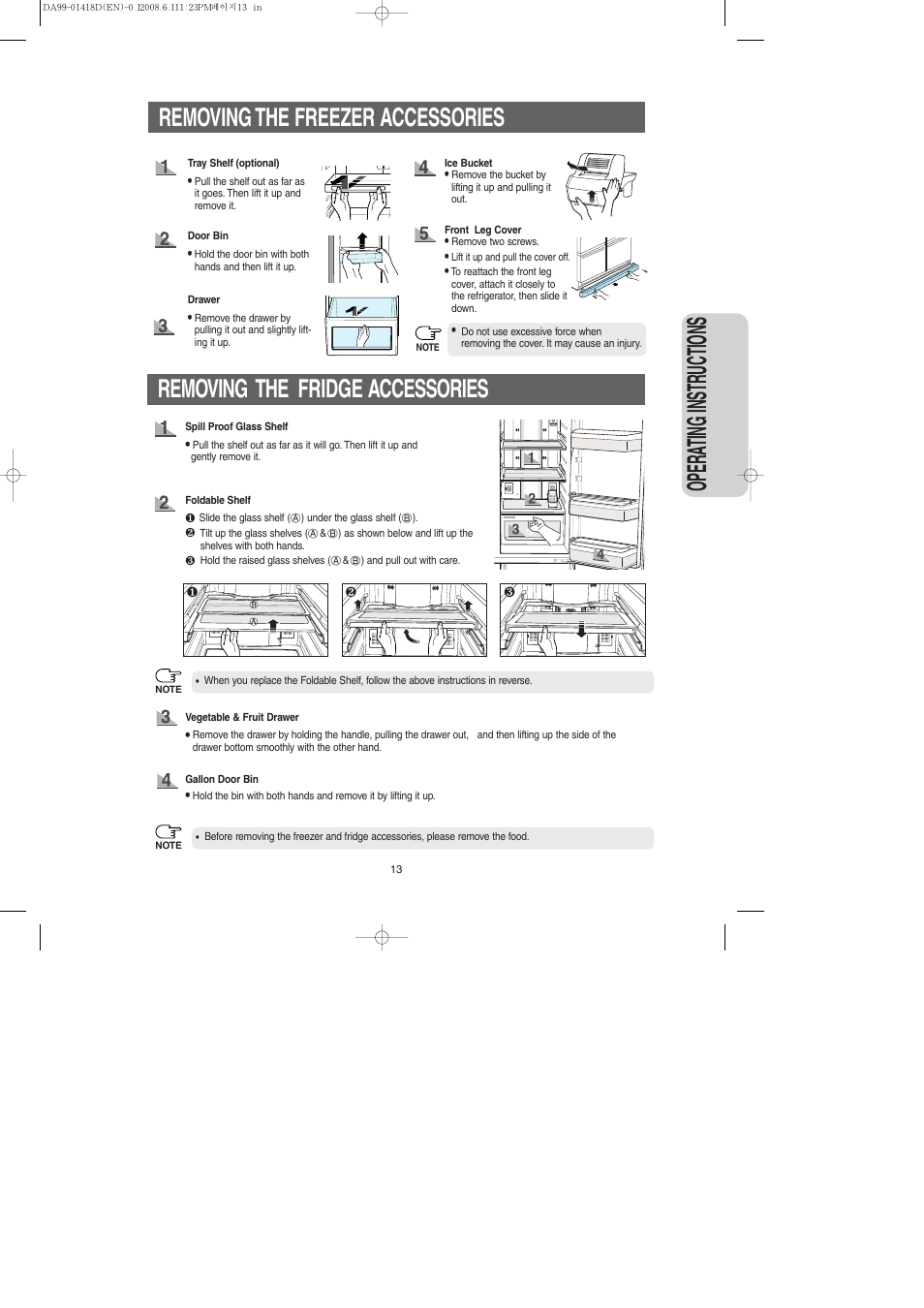 Removing the freezer accessories, Removing the fridge accessories, Opera ting instr uctions | Samsung RM257ACBP-XAA User Manual | Page 13 / 40