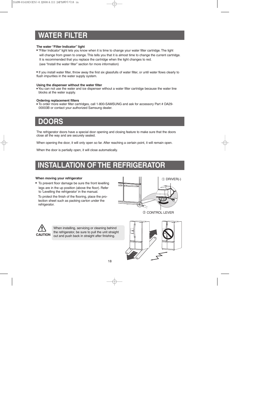 Water filter, Doors, Installation of the refrigerator | Doors installation of the refrigerator | Samsung RM257ACBP-XAA User Manual | Page 18 / 40