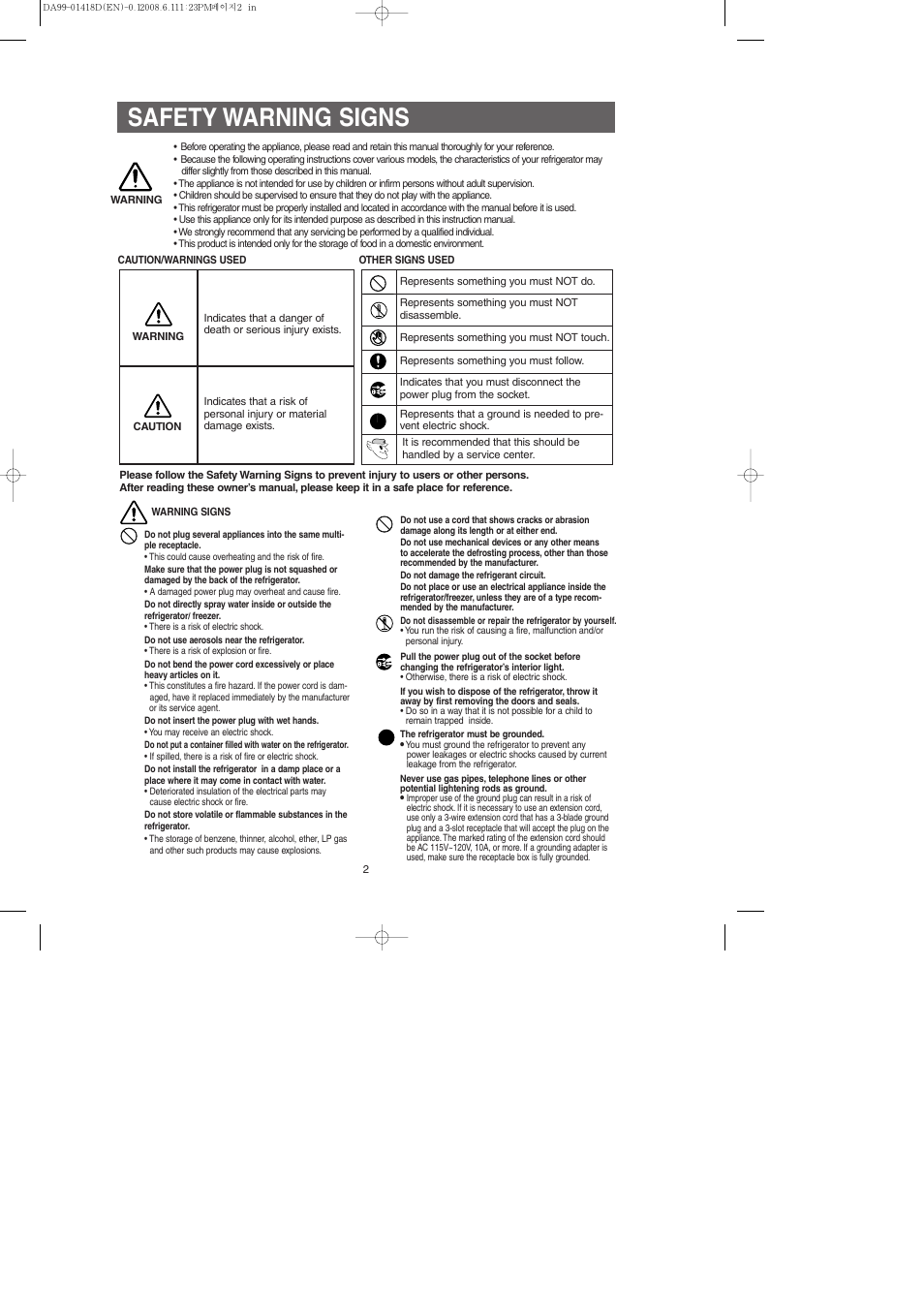 Safety warning signs | Samsung RM257ACBP-XAA User Manual | Page 2 / 40