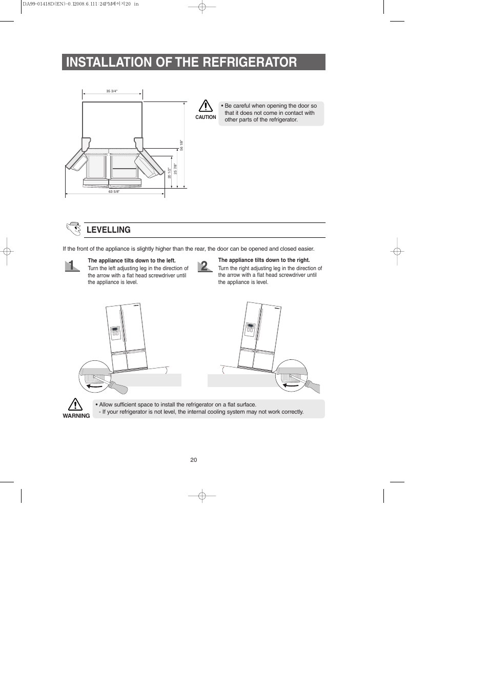 Installation of the refrigerator, Levelling | Samsung RM257ACBP-XAA User Manual | Page 20 / 40