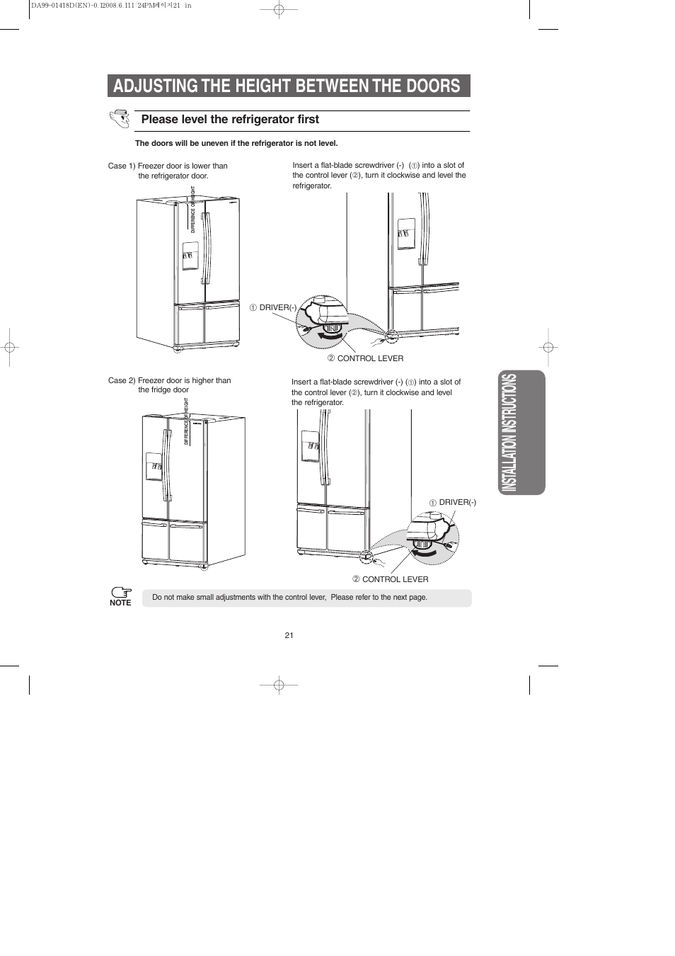 Adjusting the height between the doors, Inst alla tion instr uctions | Samsung RM257ACBP-XAA User Manual | Page 21 / 40