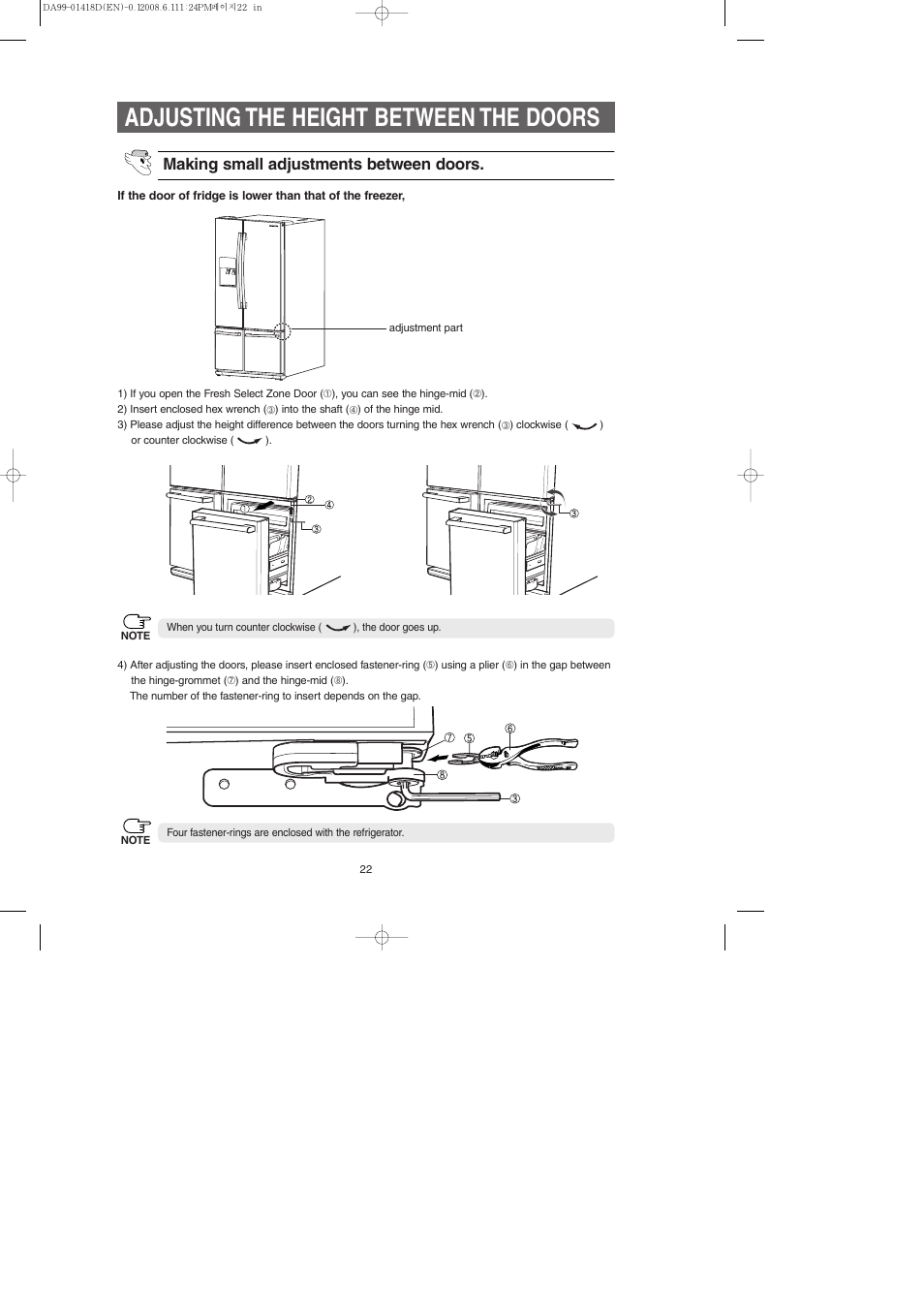 Adjusting the height between the doors, Making small adjustments between doors | Samsung RM257ACBP-XAA User Manual | Page 22 / 40