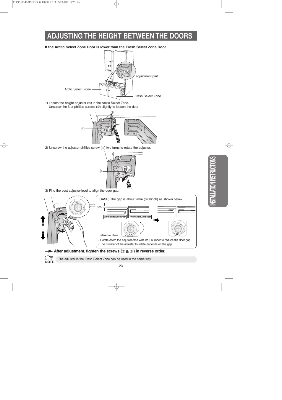 Inst alla tion instr uctions, Adjusting the height between the doors | Samsung RM257ACBP-XAA User Manual | Page 23 / 40
