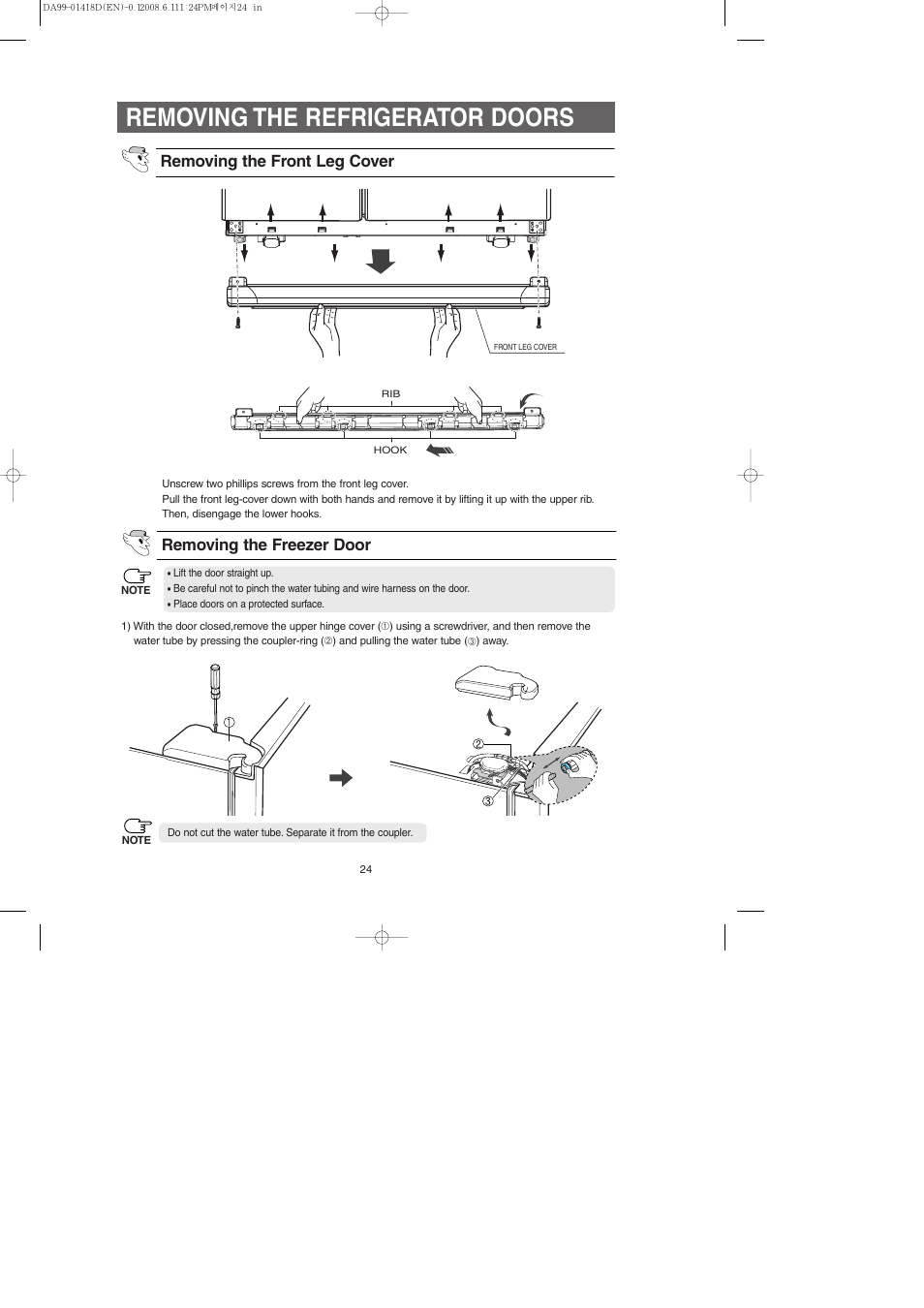 Removing the refrigerator doors, Removing the freezer door, Removing the front leg cover | Samsung RM257ACBP-XAA User Manual | Page 24 / 40