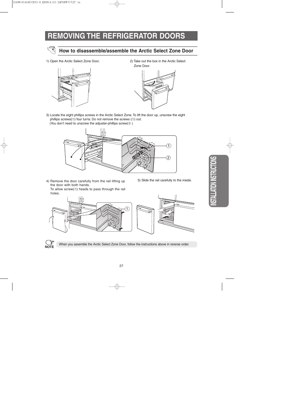 Inst alla tion instr uctions, Removing the refrigerator doors | Samsung RM257ACBP-XAA User Manual | Page 27 / 40