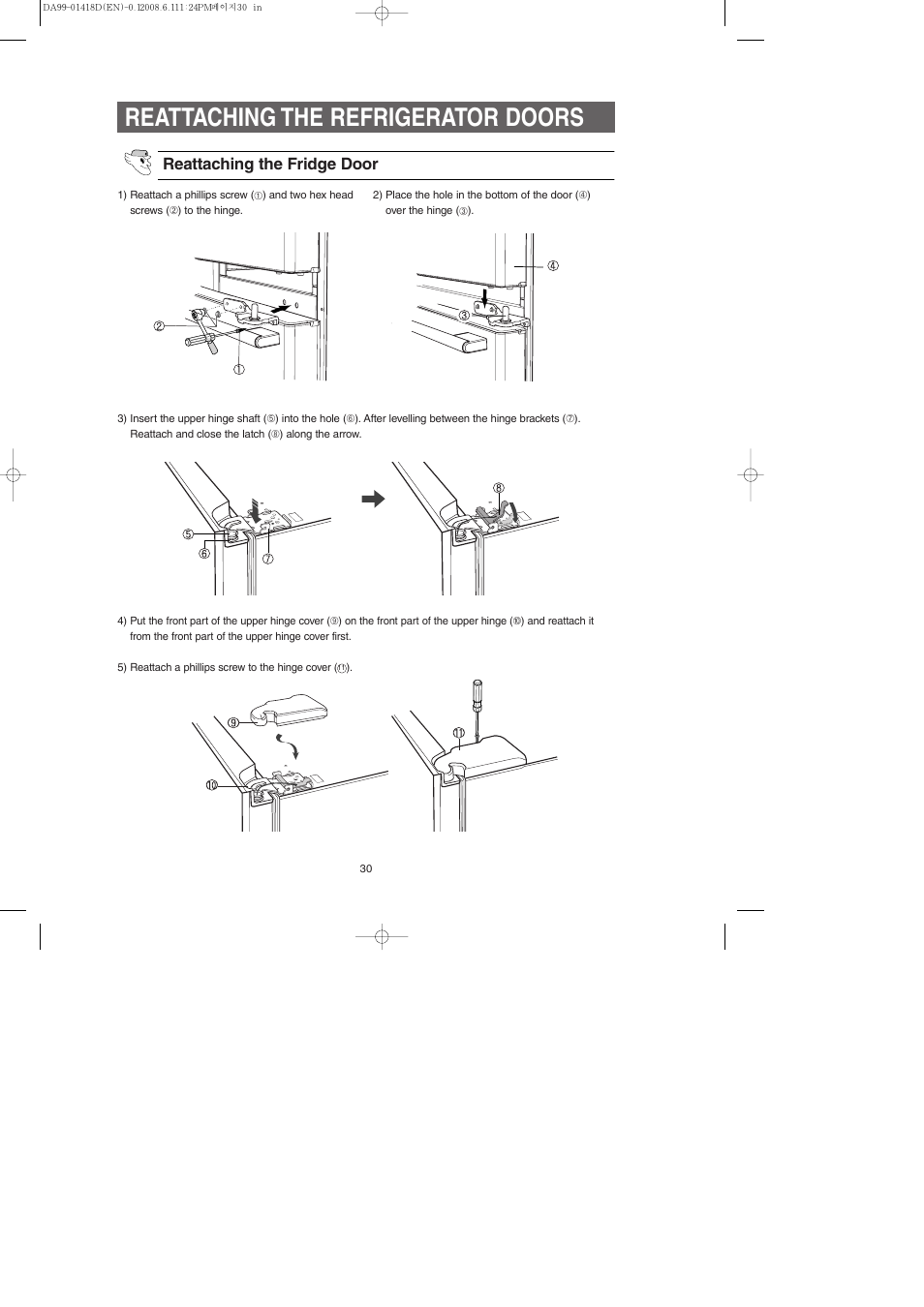 Reattaching the refrigerator doors, Reattaching the fridge door | Samsung RM257ACBP-XAA User Manual | Page 30 / 40