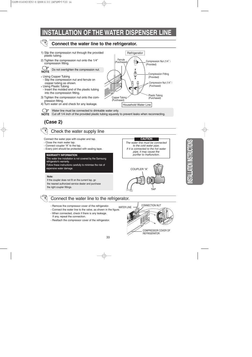 Inst alla tion instr uctions, Installation of the water dispenser line, Case 2) | Connect the water line to the refrigerator | Samsung RM257ACBP-XAA User Manual | Page 33 / 40