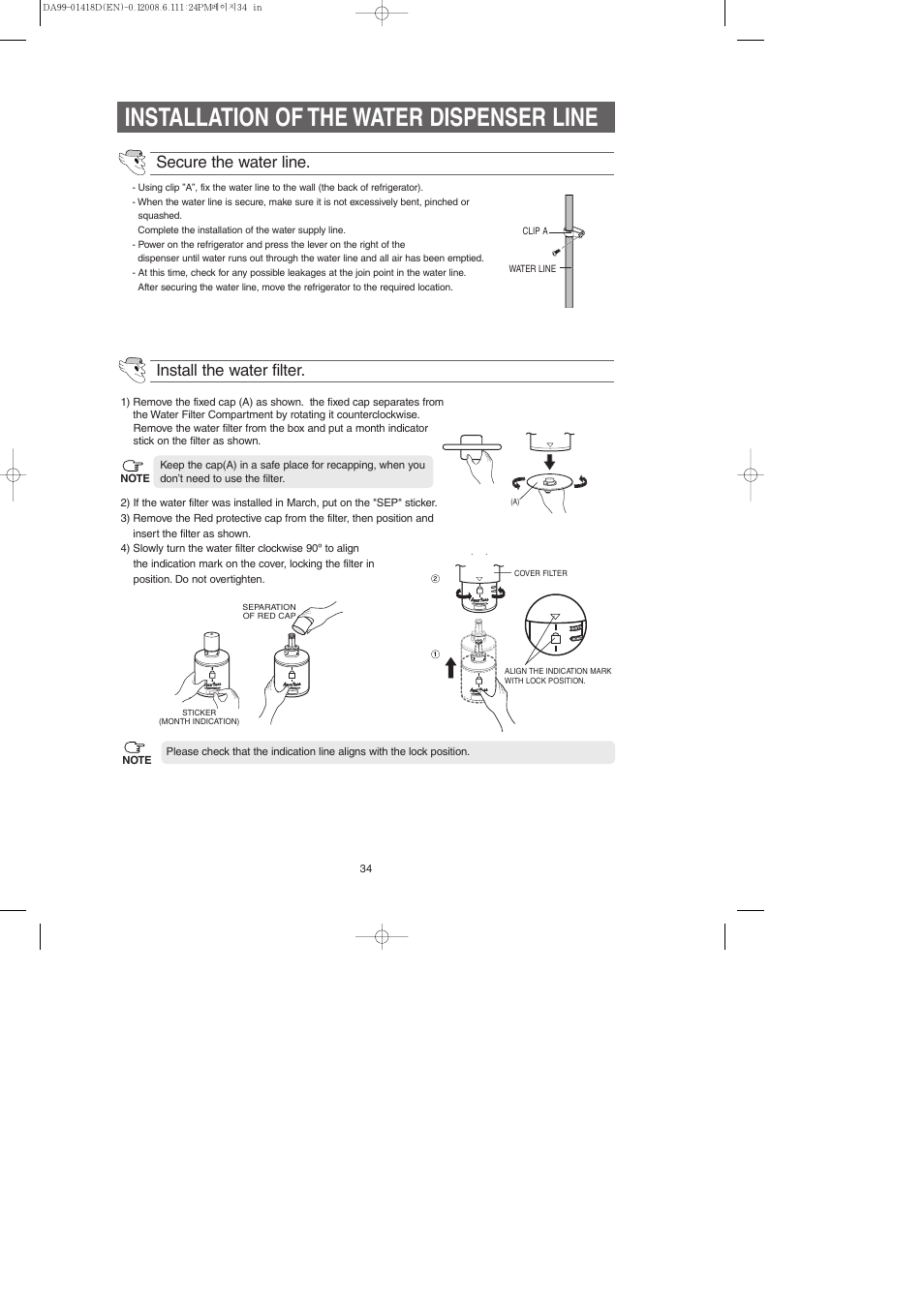 Installation of the water dispenser line, Secure the water line, Install the water filter | Samsung RM257ACBP-XAA User Manual | Page 34 / 40