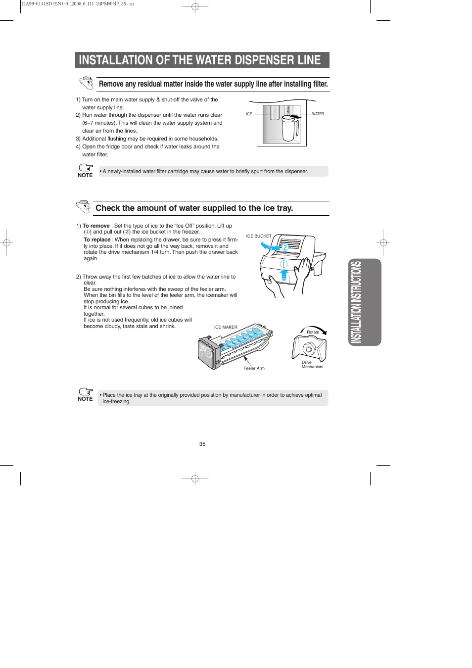 Inst alla tion instr uctions, Installation of the water dispenser line | Samsung RM257ACBP-XAA User Manual | Page 35 / 40