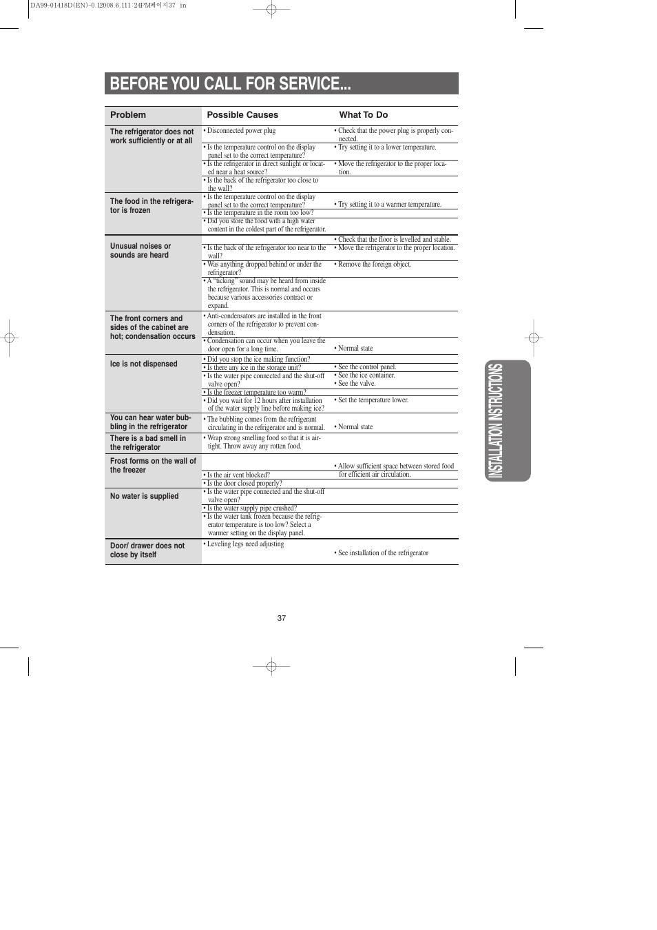 Before you call for service, Inst alla tion instr uctions | Samsung RM257ACBP-XAA User Manual | Page 37 / 40