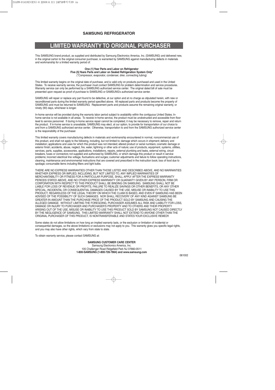 Limited warranty to original purchaser | Samsung RM257ACBP-XAA User Manual | Page 39 / 40