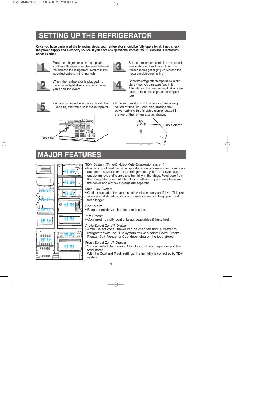 Setting up the refrigerator, Major features | Samsung RM257ACBP-XAA User Manual | Page 4 / 40