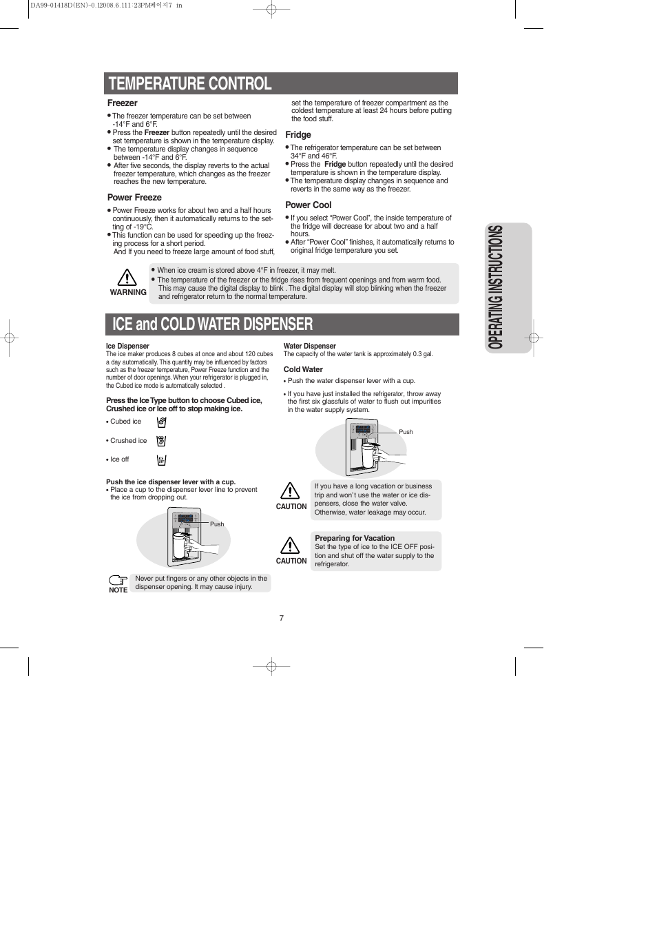 Temperature control, Ice and cold water dispenser, Opera ting instr uctions | Ice and cold water dispenser temperature control | Samsung RM257ACBP-XAA User Manual | Page 7 / 40