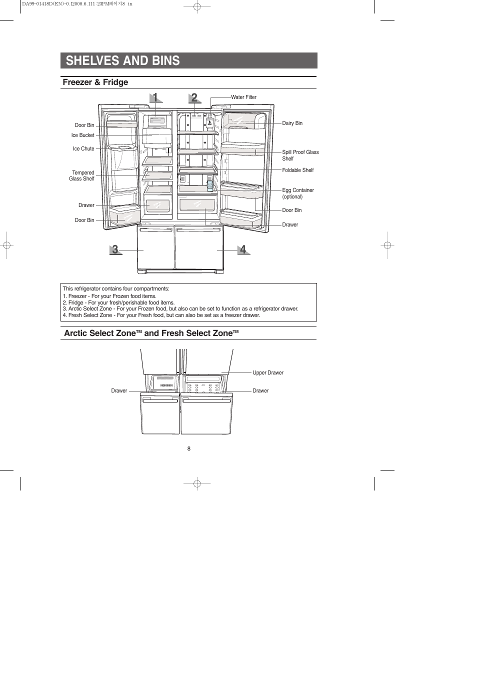 Shelves and bins, Freezer & fridge arctic select zone, And fresh select zone | Samsung RM257ACBP-XAA User Manual | Page 8 / 40