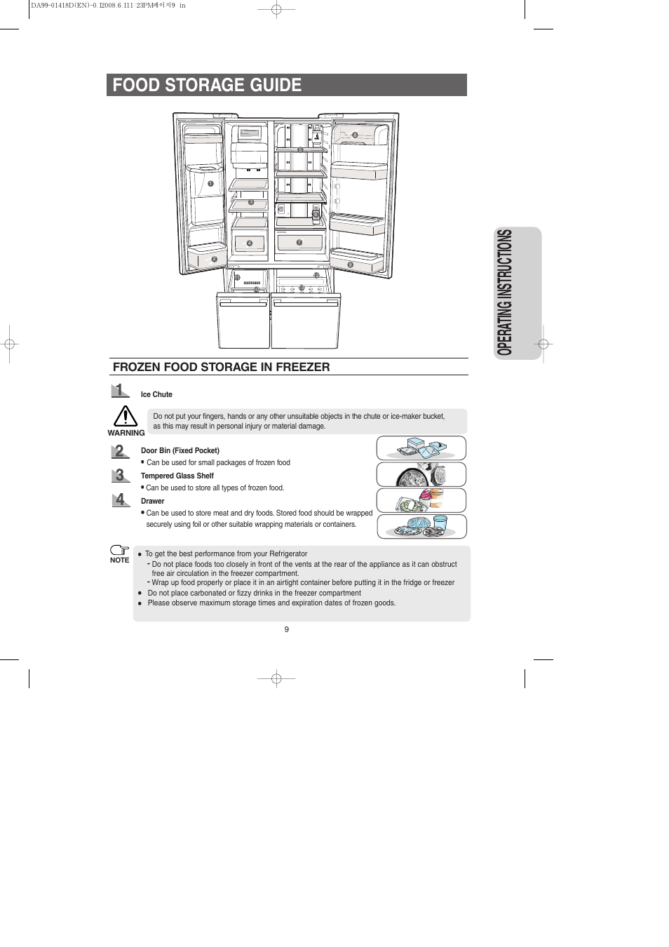 Food storage guide, Opera ting instr uctions, Frozen food storage in freezer | Samsung RM257ACBP-XAA User Manual | Page 9 / 40