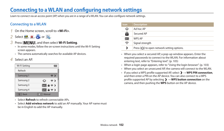 Connecting to a wlan | Samsung EC-WB30FZBPWUS User Manual | Page 103 / 156