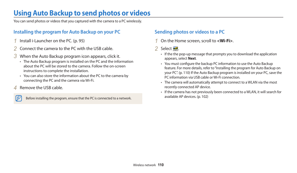 Using auto backup to send photos or videos, Installing the program for auto backup on your pc, Sending photos or videos to a pc | Samsung EC-WB30FZBPWUS User Manual | Page 111 / 156