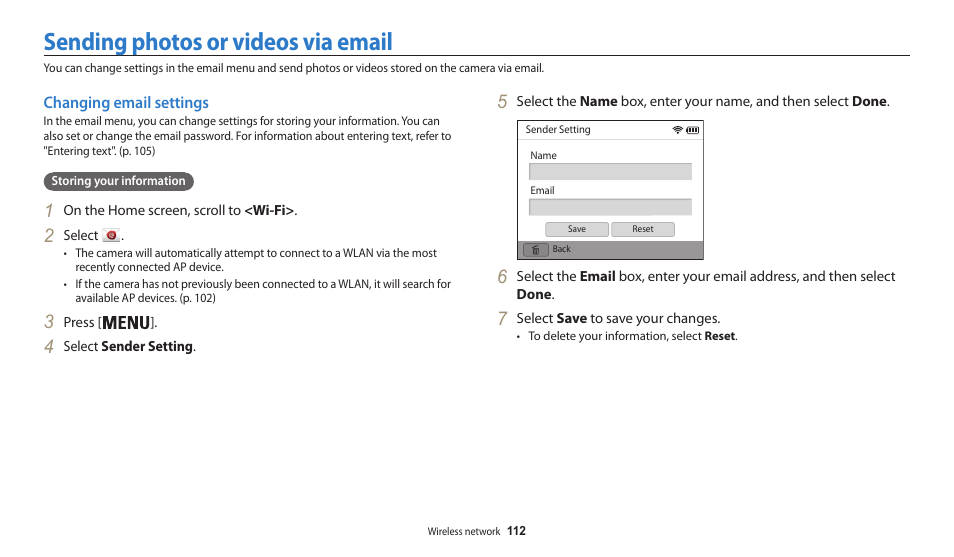 Sending photos or videos via email, Changing email settings | Samsung EC-WB30FZBPWUS User Manual | Page 113 / 156