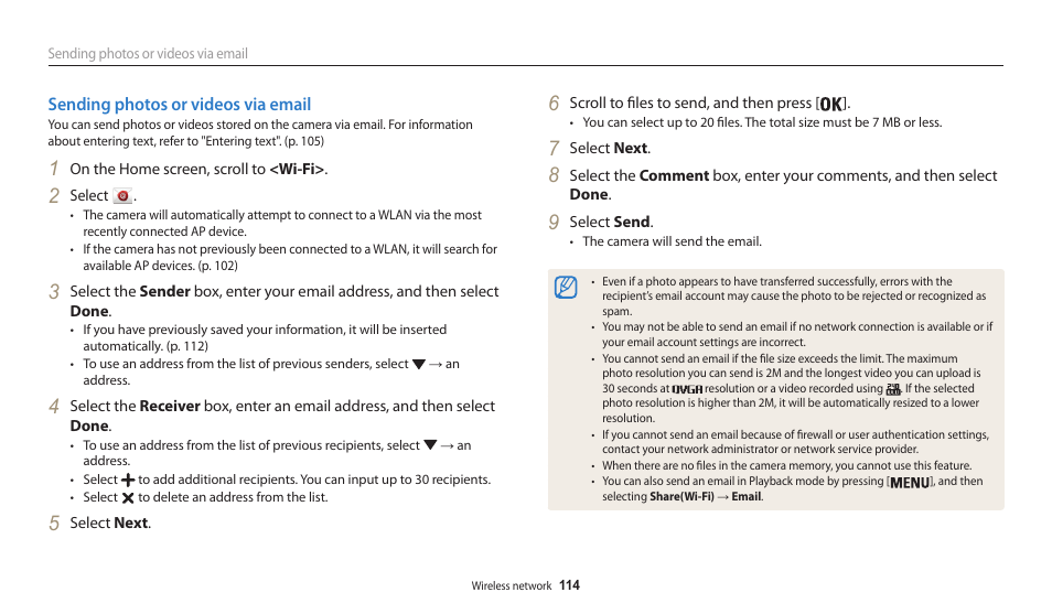 Sending photos or videos via email | Samsung EC-WB30FZBPWUS User Manual | Page 115 / 156