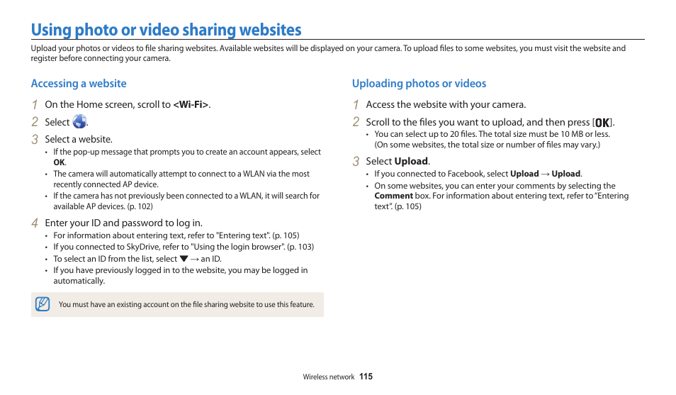 Using photo or video sharing websites, Accessing a website, Uploading photos or videos | Accessing a website uploading photos or videos | Samsung EC-WB30FZBPWUS User Manual | Page 116 / 156
