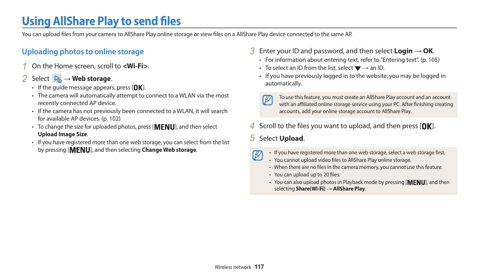 Using allshare play to send files, Uploading photos to online storage | Samsung EC-WB30FZBPWUS User Manual | Page 118 / 156