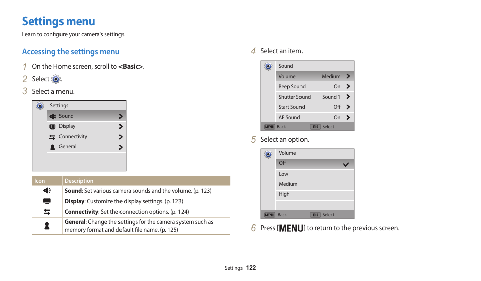 Settings menu, Accessing the settings menu | Samsung EC-WB30FZBPWUS User Manual | Page 123 / 156