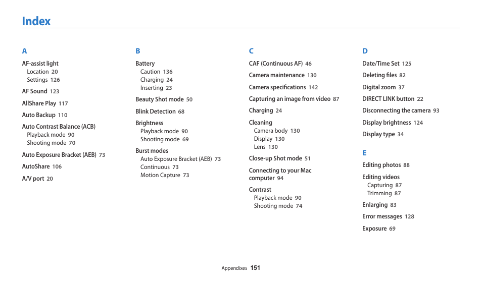 Index | Samsung EC-WB30FZBPWUS User Manual | Page 152 / 156