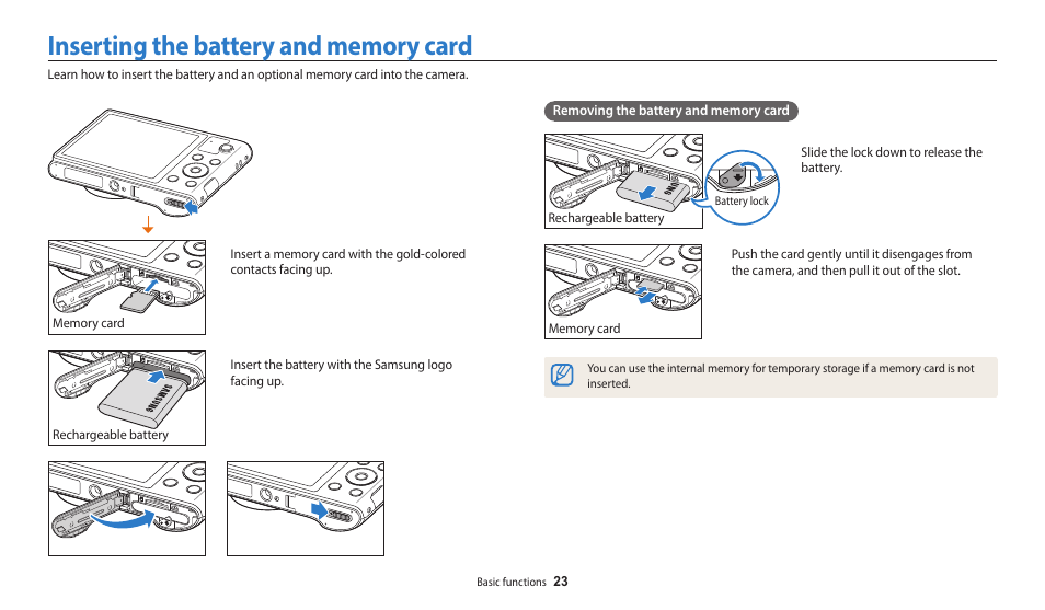 Inserting the battery and memory card | Samsung EC-WB30FZBPWUS User Manual | Page 24 / 156