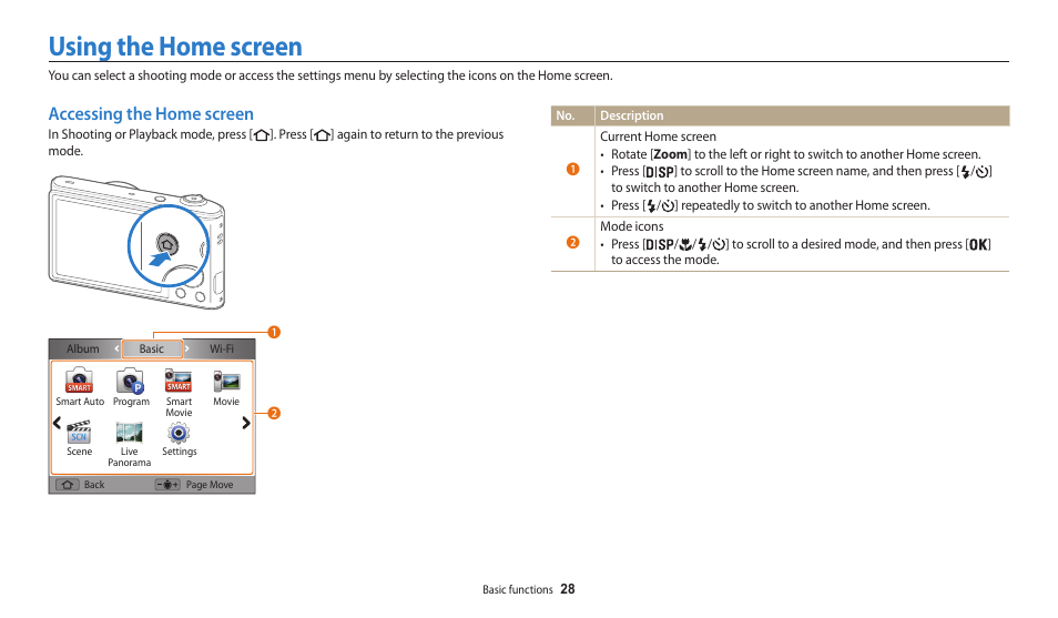 Using the home screen, Accessing the home screen | Samsung EC-WB30FZBPWUS User Manual | Page 29 / 156