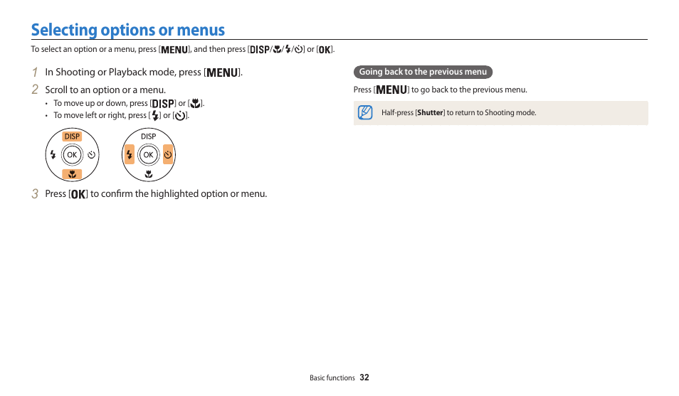 Selecting options or menus | Samsung EC-WB30FZBPWUS User Manual | Page 33 / 156