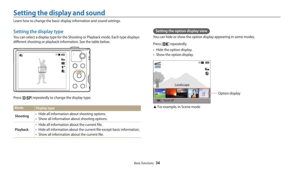 Setting the display and sound, Setting the display type | Samsung EC-WB30FZBPWUS User Manual | Page 35 / 156