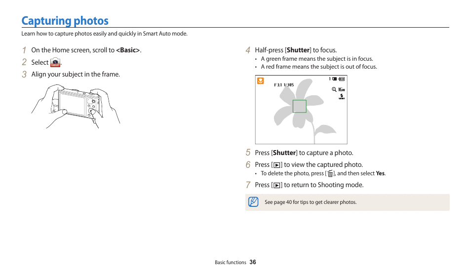 Capturing photos | Samsung EC-WB30FZBPWUS User Manual | Page 37 / 156