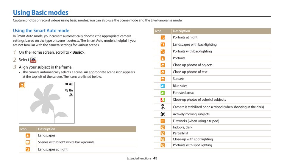 Using basic modes, Using the smart auto mode | Samsung EC-WB30FZBPWUS User Manual | Page 44 / 156