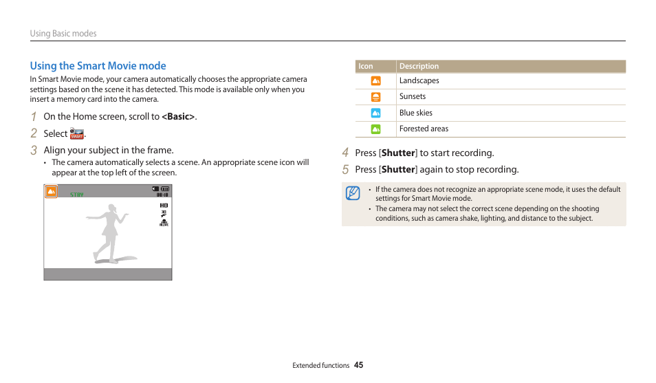 Using the smart movie mode | Samsung EC-WB30FZBPWUS User Manual | Page 46 / 156